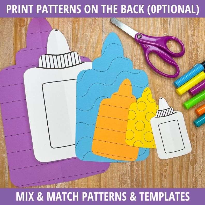 Colorful glue bottle cutouts with wave and circle patterns, scissors, and markers on wood surface for scissor skills