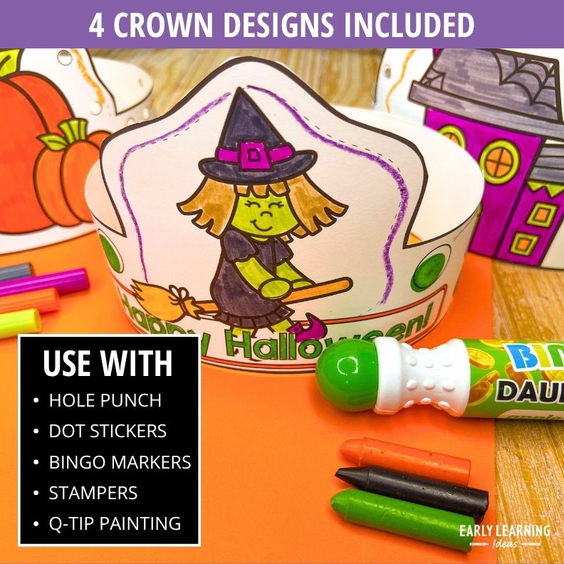 Witch crown craft with purple hat and broomstick, surrounded by markers and dot stickers for Halloween fine motor activities