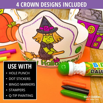 Witch crown craft with purple hat and broomstick, surrounded by markers and dot stickers for Halloween fine motor activities