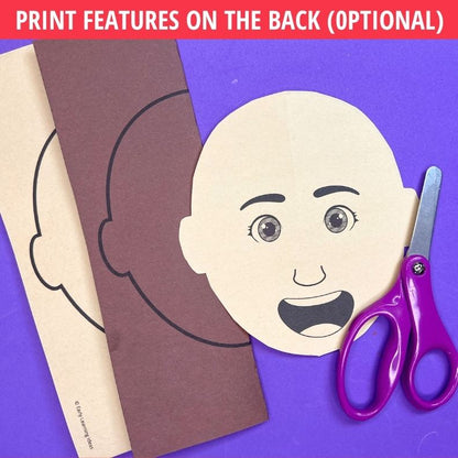 Folded paper face template with blank side profile and full face cutout, pink scissors, purple background for scissor skills