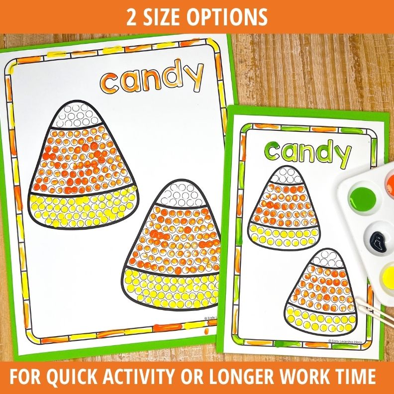 Two-page Halloween Q-tip painting set showing candy corn designs with orange, yellow, and white dot patterns for fine motor