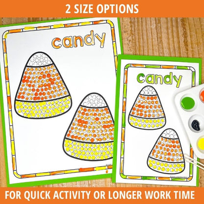 Two-page Halloween Q-tip painting set showing candy corn designs with orange, yellow, and white dot patterns for fine motor