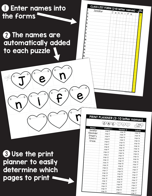 Editable Name Practice Puzzles - Heart Puzzles