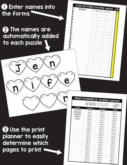 Editable Name Practice Puzzles - Heart Puzzles