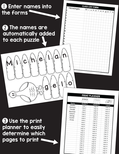 Editable Name Practice Puzzles - Thanksgiving Turkey Name Puzzles